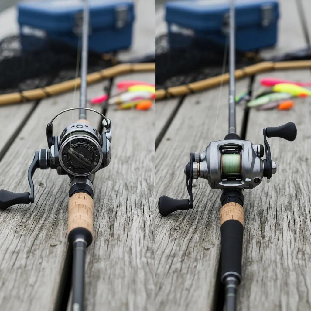 Comparison of spinning rod and baitcasting rod on a dock, illustrating key differences for beginners