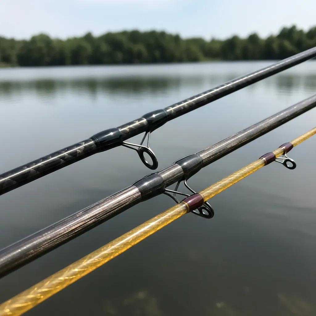 Graphite, fiberglass, and composite fishing rods displayed outdoors, showcasing material differences