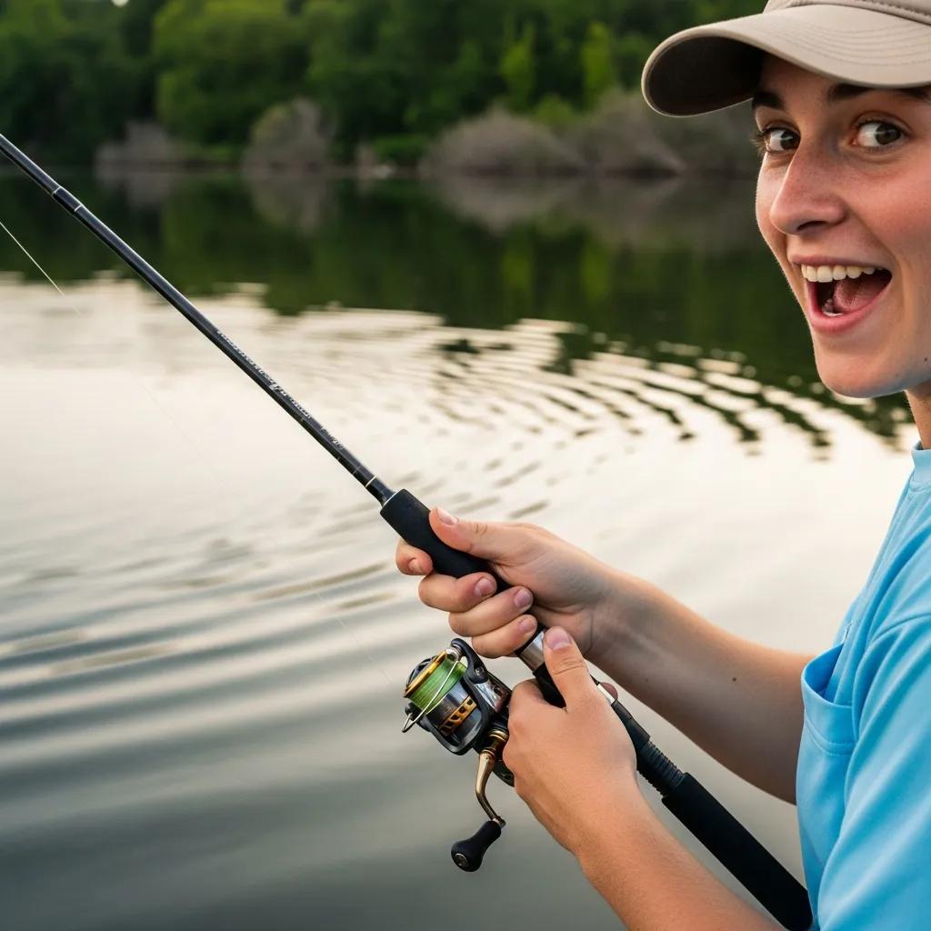 A beginner angler joyfully holding a spinning rod by a calm lake, illustrating the ease of fishing