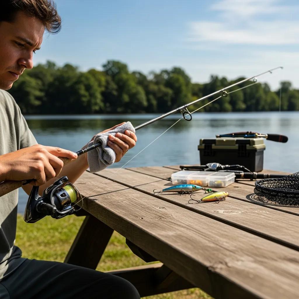 An angler cleaning a fishing rod at a picnic table by the water, emphasizing maintenance practices