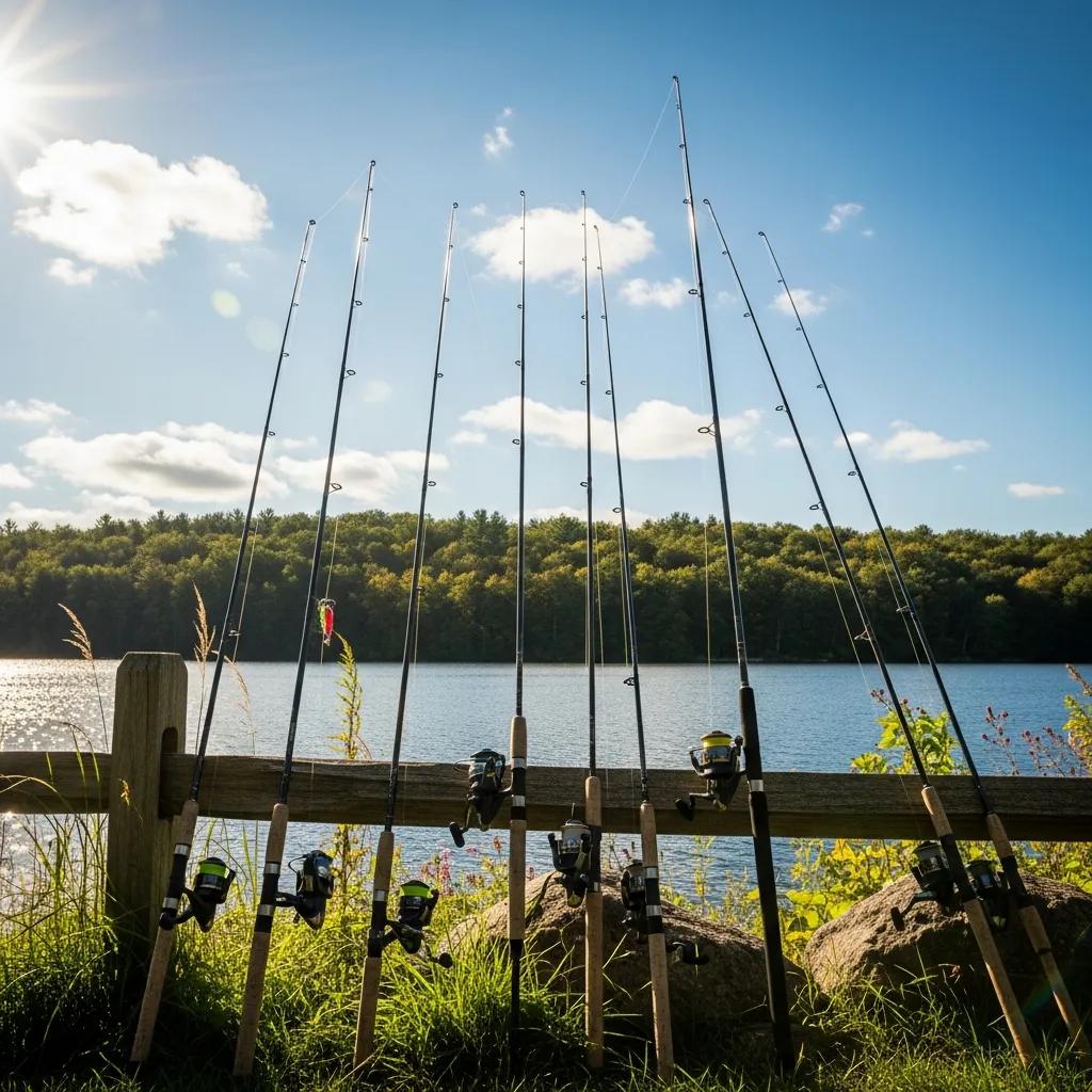 Various types of fishing rods displayed by a serene lake, highlighting the joy of fishing