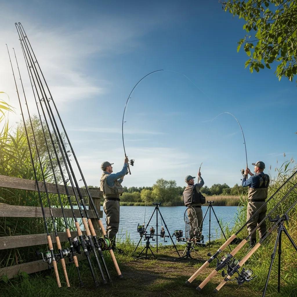 Various fishing rods displayed in a serene outdoor fishing environment