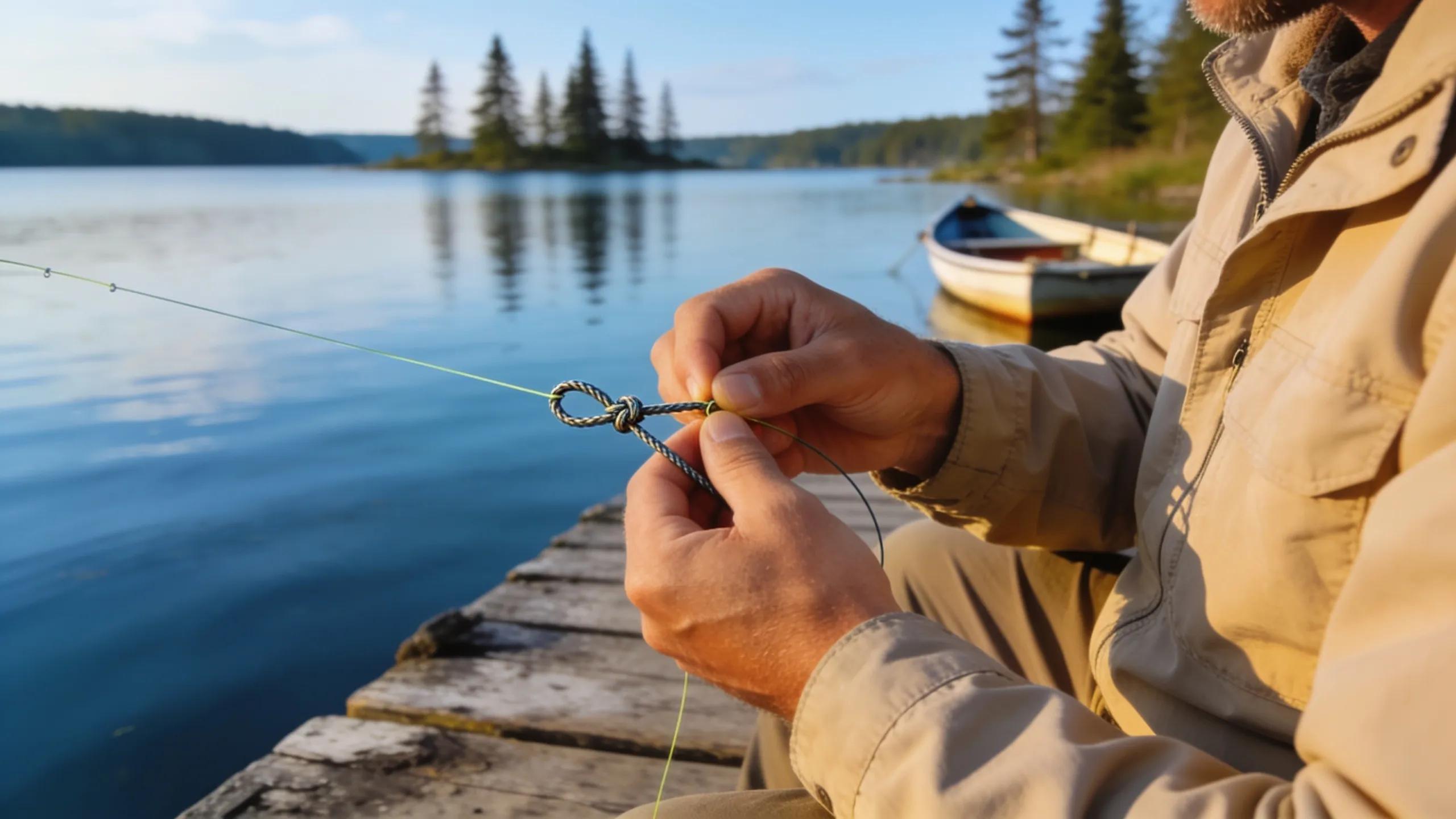 Fisherman tying the Palomar Knot at a lakeside, showcasing knot-tying for effective fishing