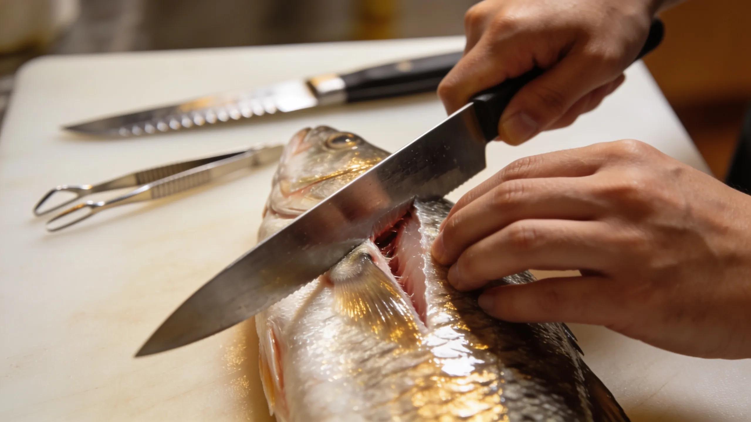 Person making an initial cut on a fish while filleting on a cutting board
