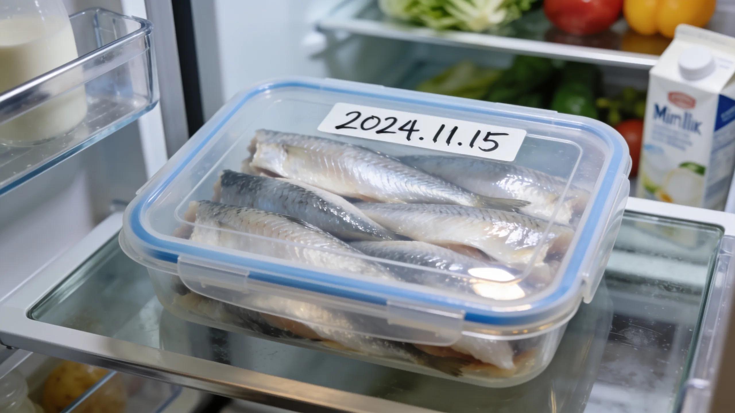 Filleted fish stored in an airtight container inside a refrigerator