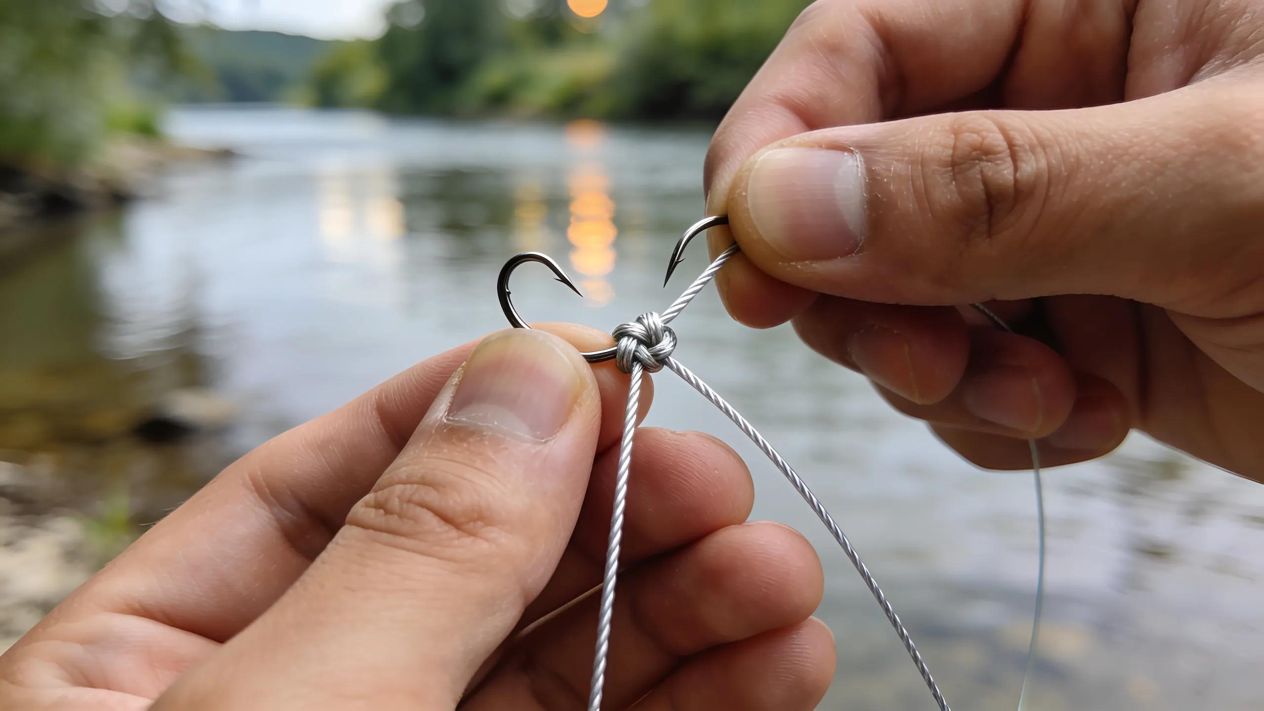 Hands demonstrating the Improved Clinch Knot with a fishing hook and line for beginners
