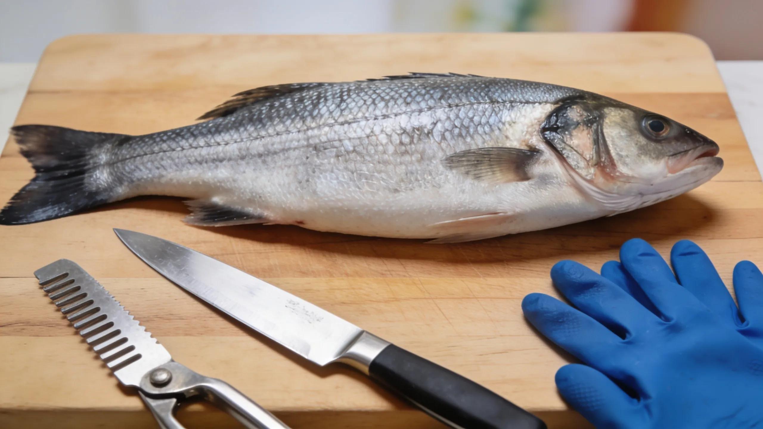 Fresh fish on a cutting board with a fillet knife and tools in a clean kitchen