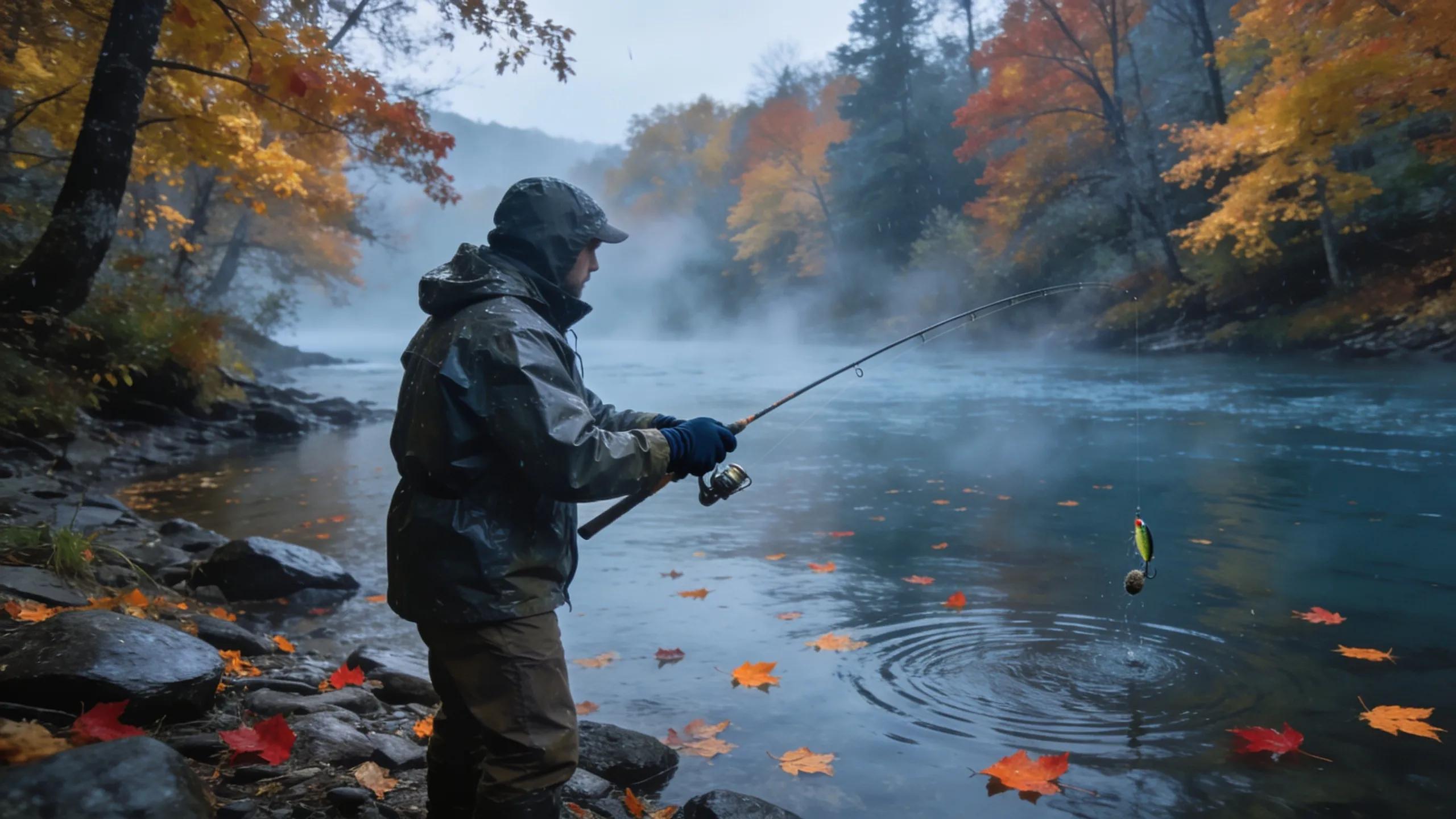 Angler fishing in a tranquil river during autumn, using jigs and live bait for bass