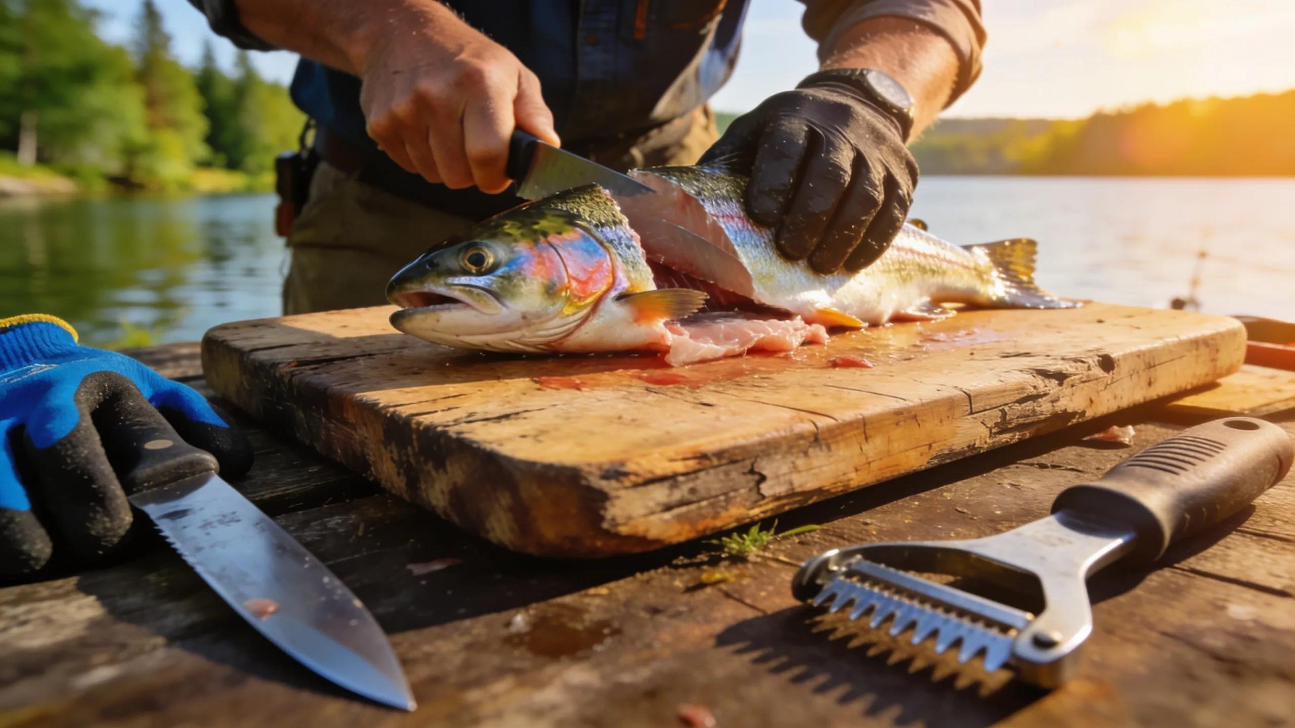 Angler filleting a fresh fish with a knife and tools in an outdoor setting