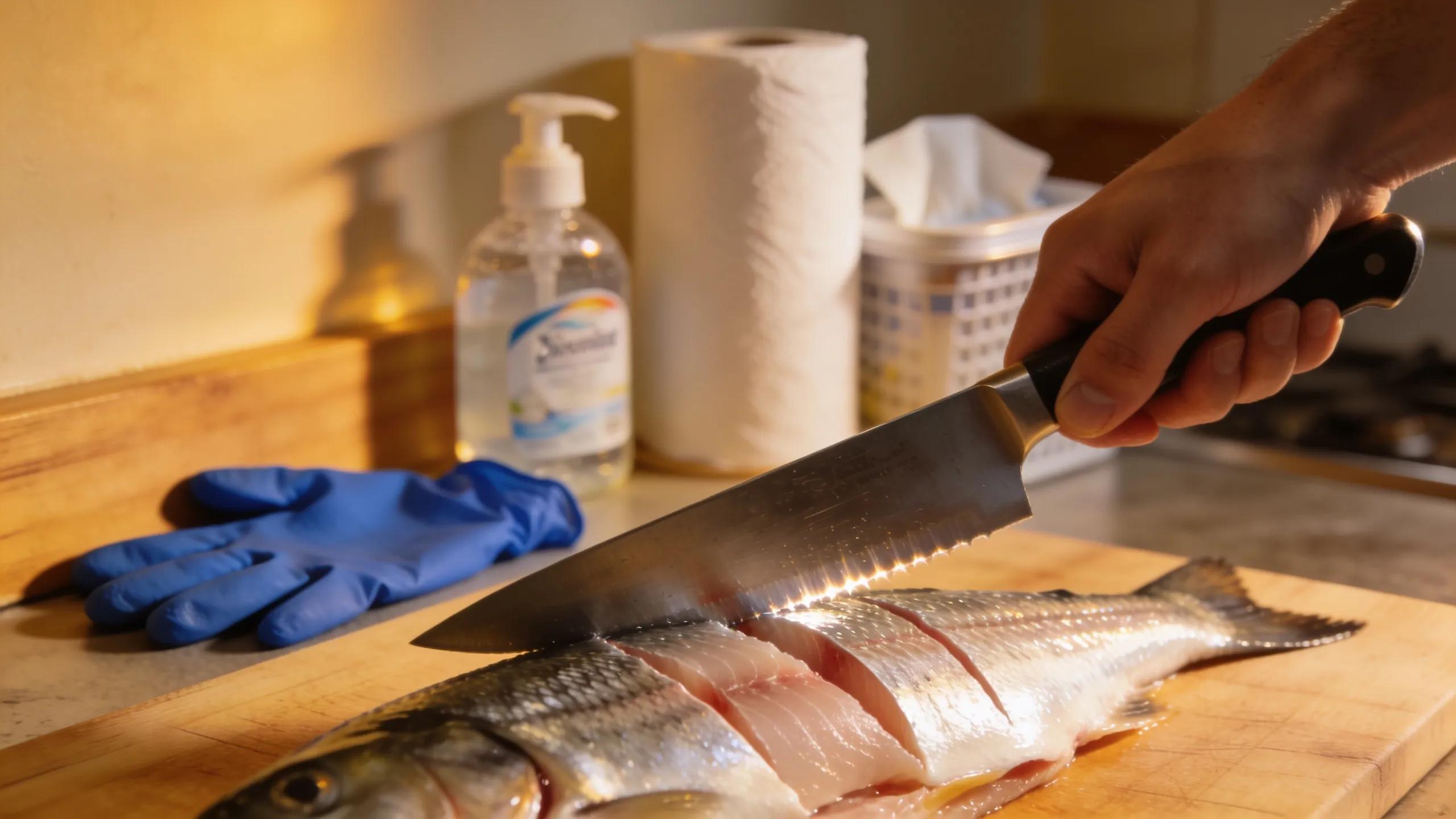 Close-up view of fish anatomy with highlighted features on a cutting board