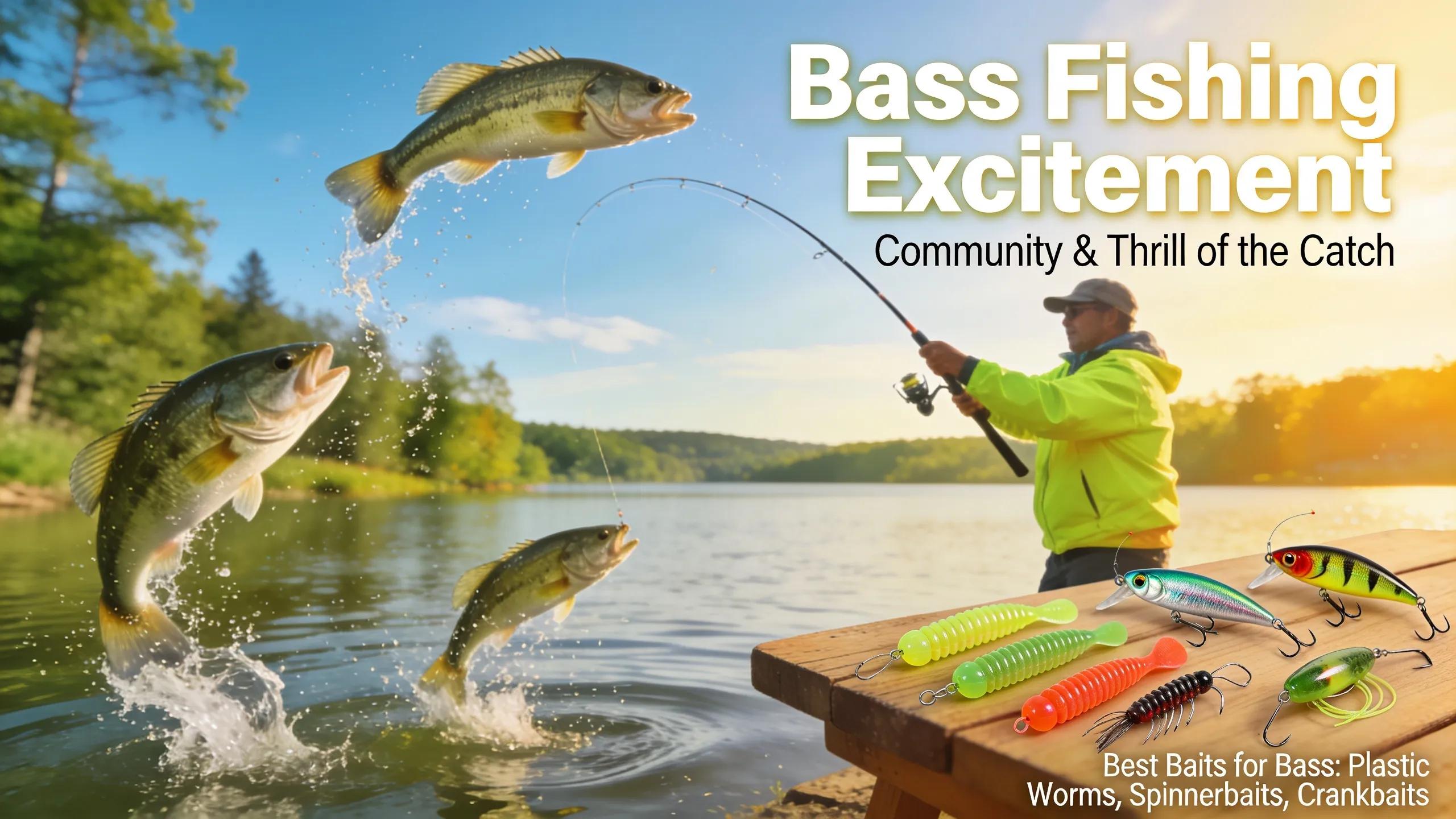 Fishing enthusiast casting a rod at a lake with bass jumping, showcasing various bait types on a table